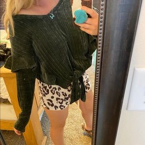 Charcoal ruffle off the shoulder tie vneck sweater